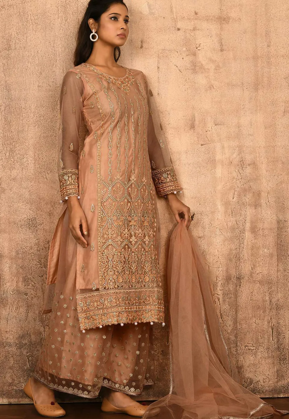 Embroidered Net Pakistani Suit in Peach