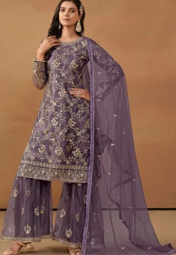 Embroidered Net Pakistani Suit in Purple