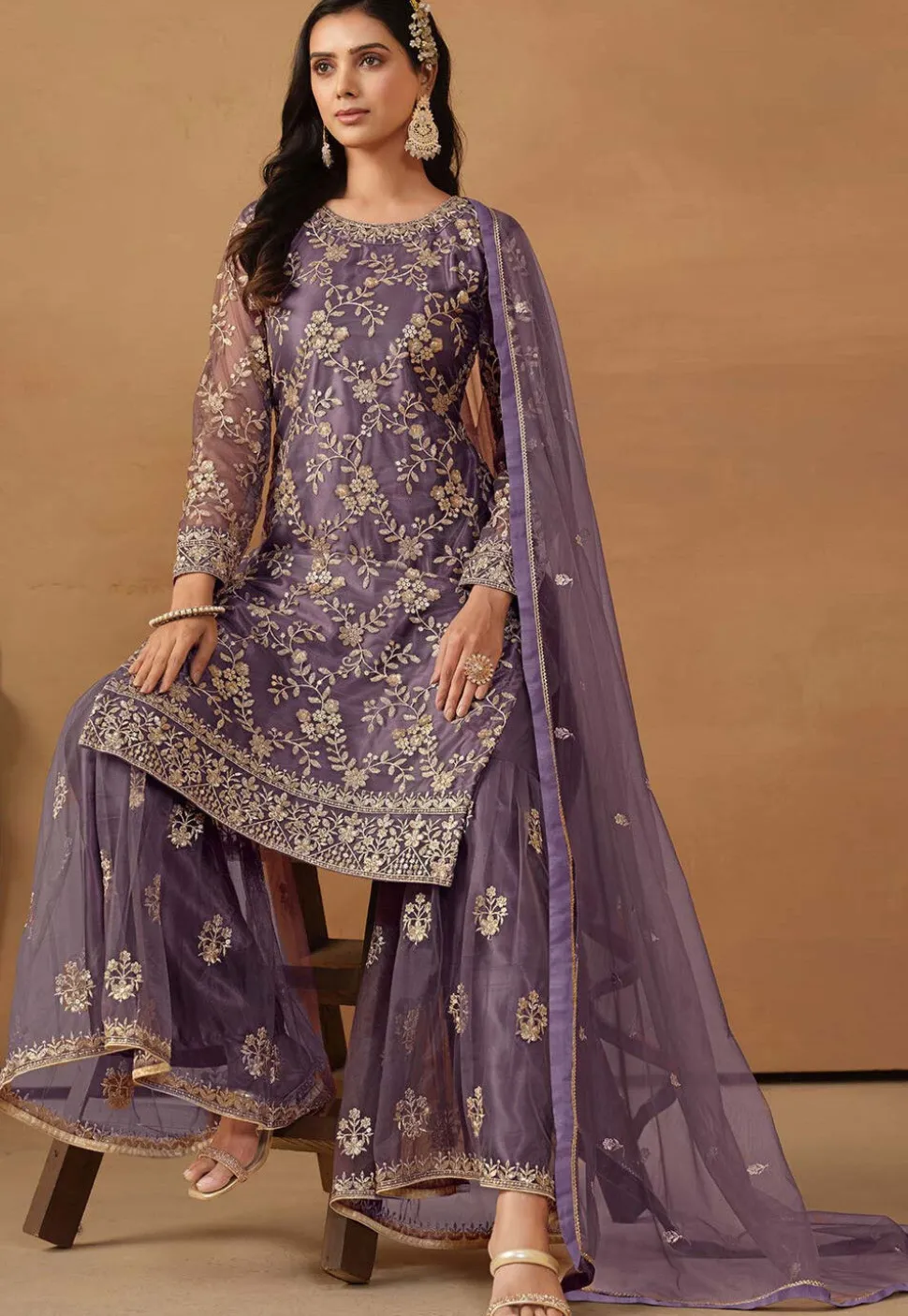 Embroidered Net Pakistani Suit in Purple