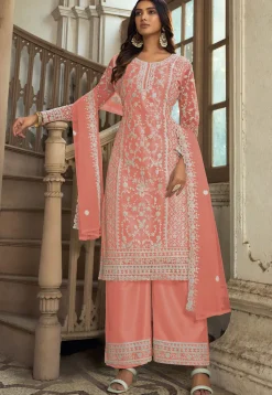 Embroidered Net Pakistani Suit in Peach
