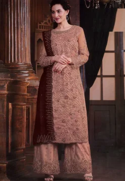 Embroidered Net Pakistani Suit in Peach