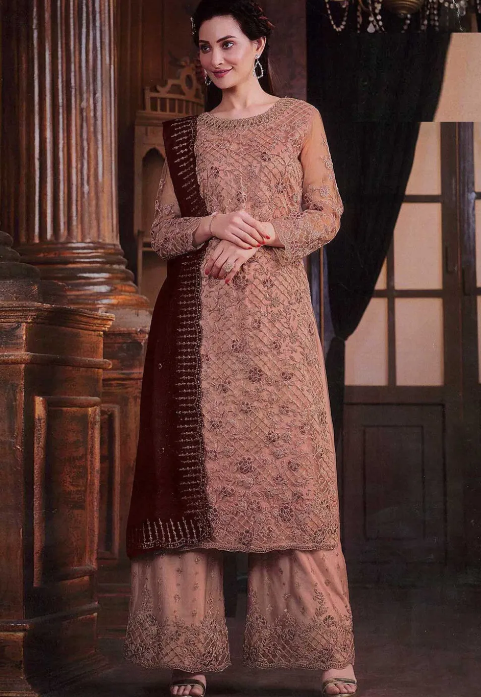 Embroidered Net Pakistani Suit in Peach