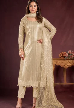 Embroidered Net Pakistani Suit in Beige