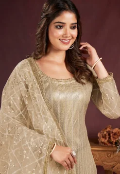 Embroidered Net Pakistani Suit in Beige
