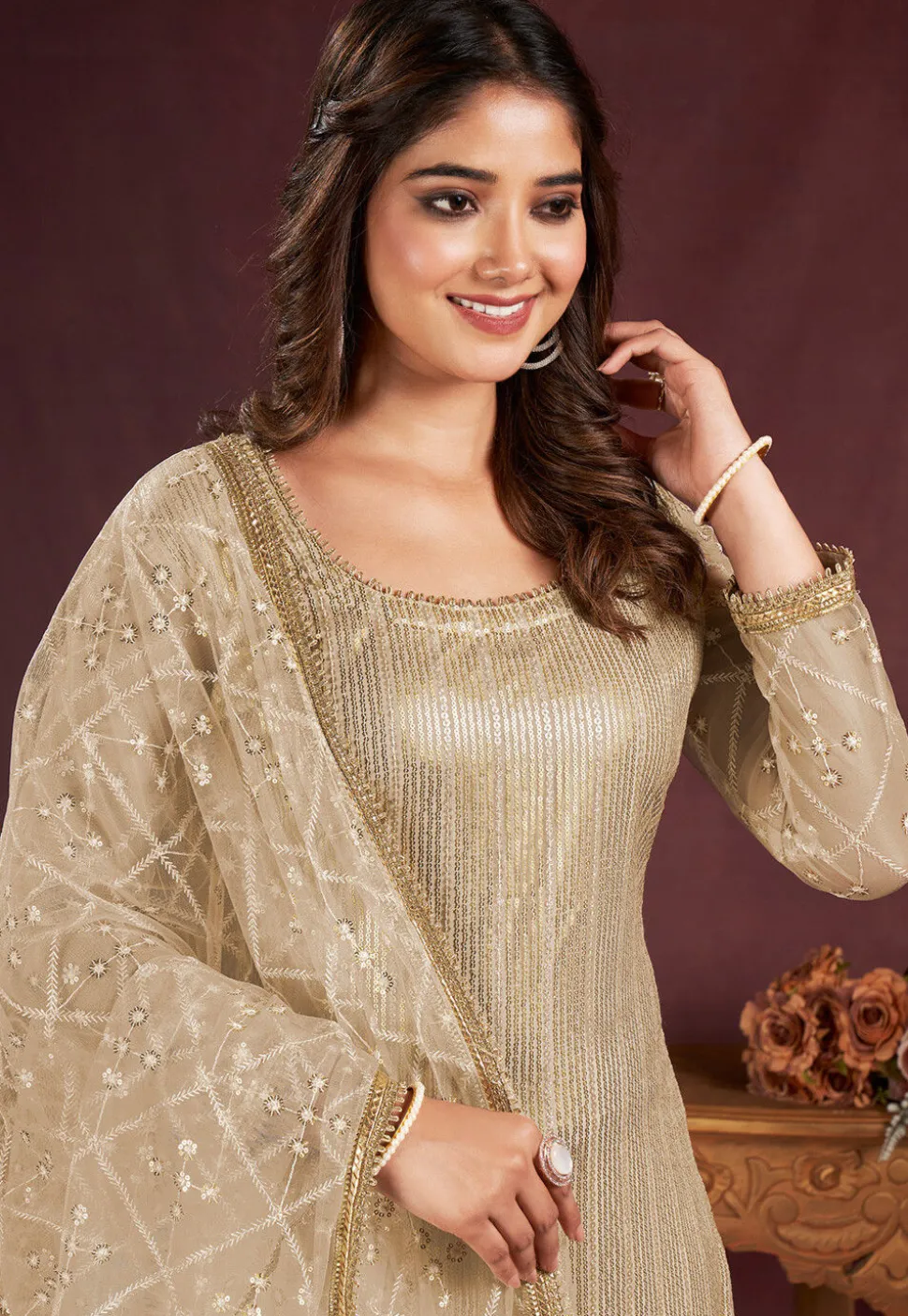 Embroidered Net Pakistani Suit in Beige