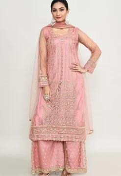 Embroidered Net Pakistani Suit in Peach