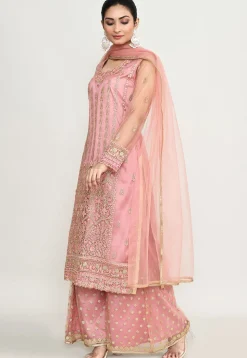 Embroidered Net Pakistani Suit in Peach