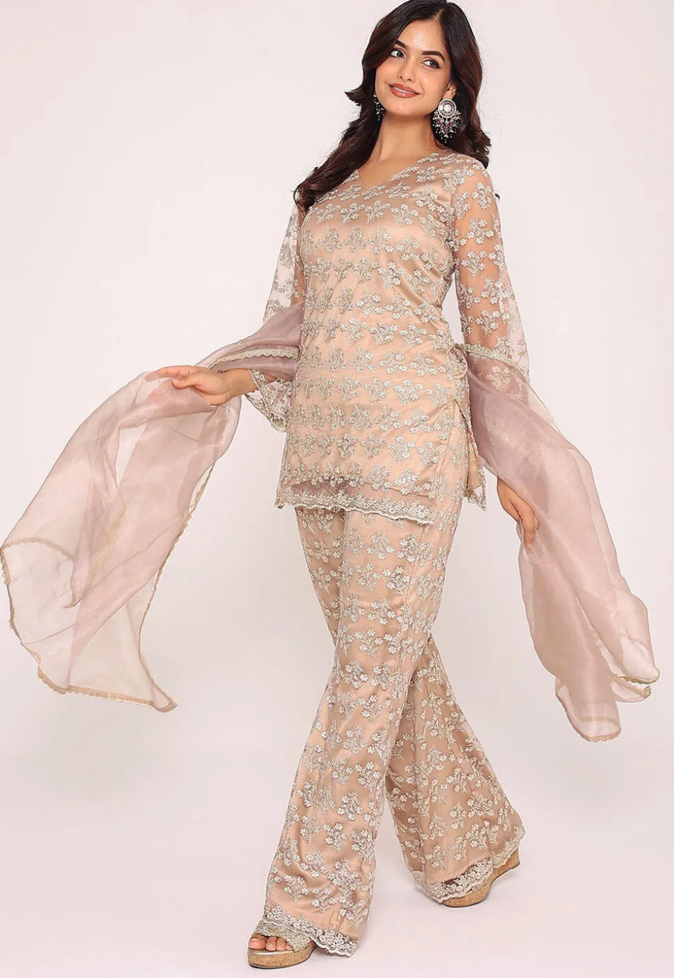 Embroidered Net Pakistani Suit in Beige