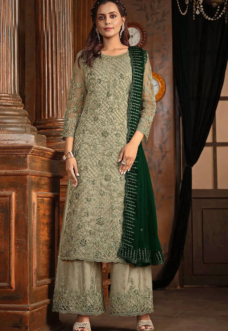 Embroidered Net Pakistani Suit in Light Green