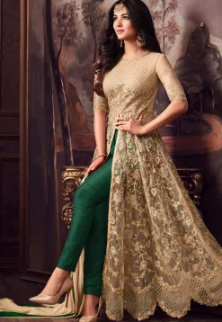 Embroidered Net Pakistani Suit in Beige
