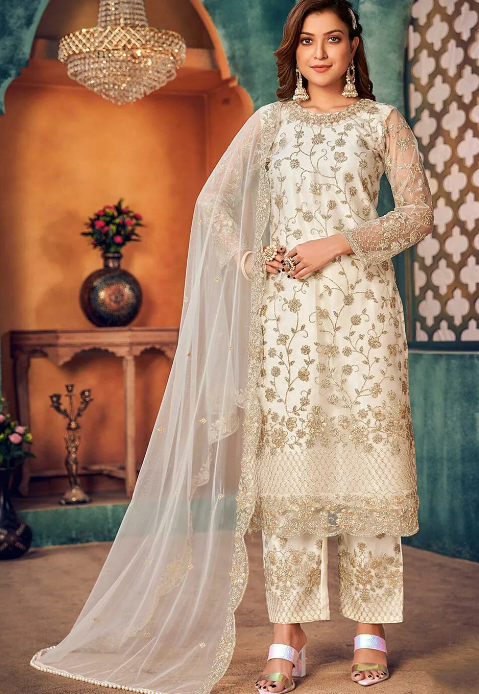 Embroidered Net Pakistani Suit in Off White
