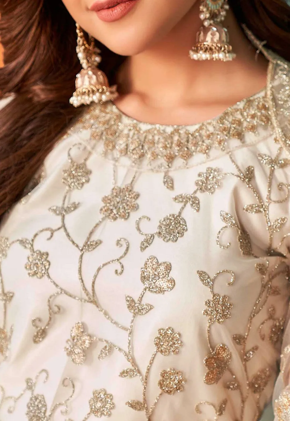 Embroidered Net Pakistani Suit in Off White