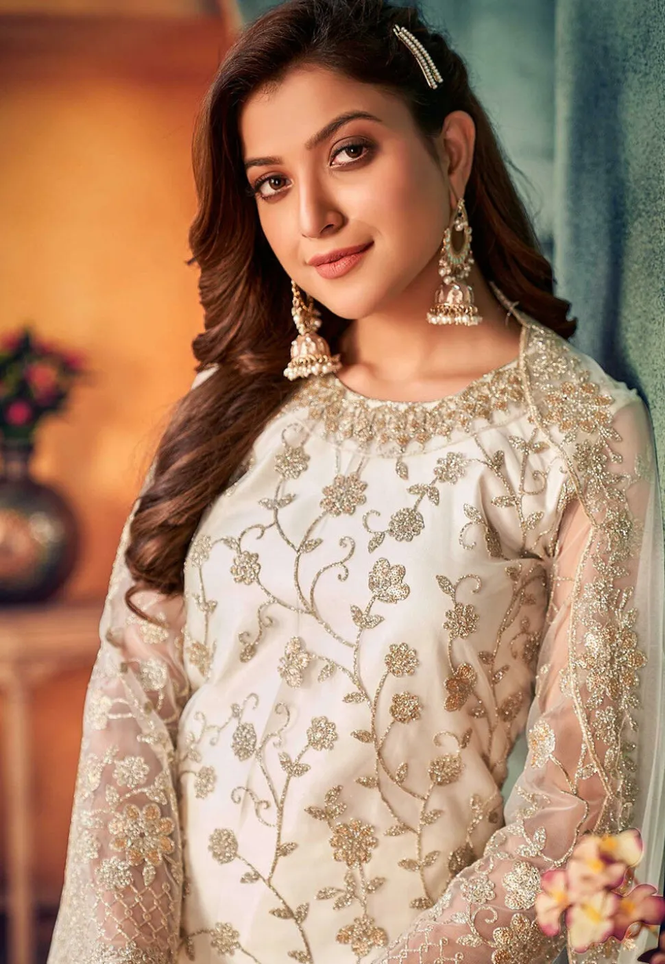 Embroidered Net Pakistani Suit in Off White