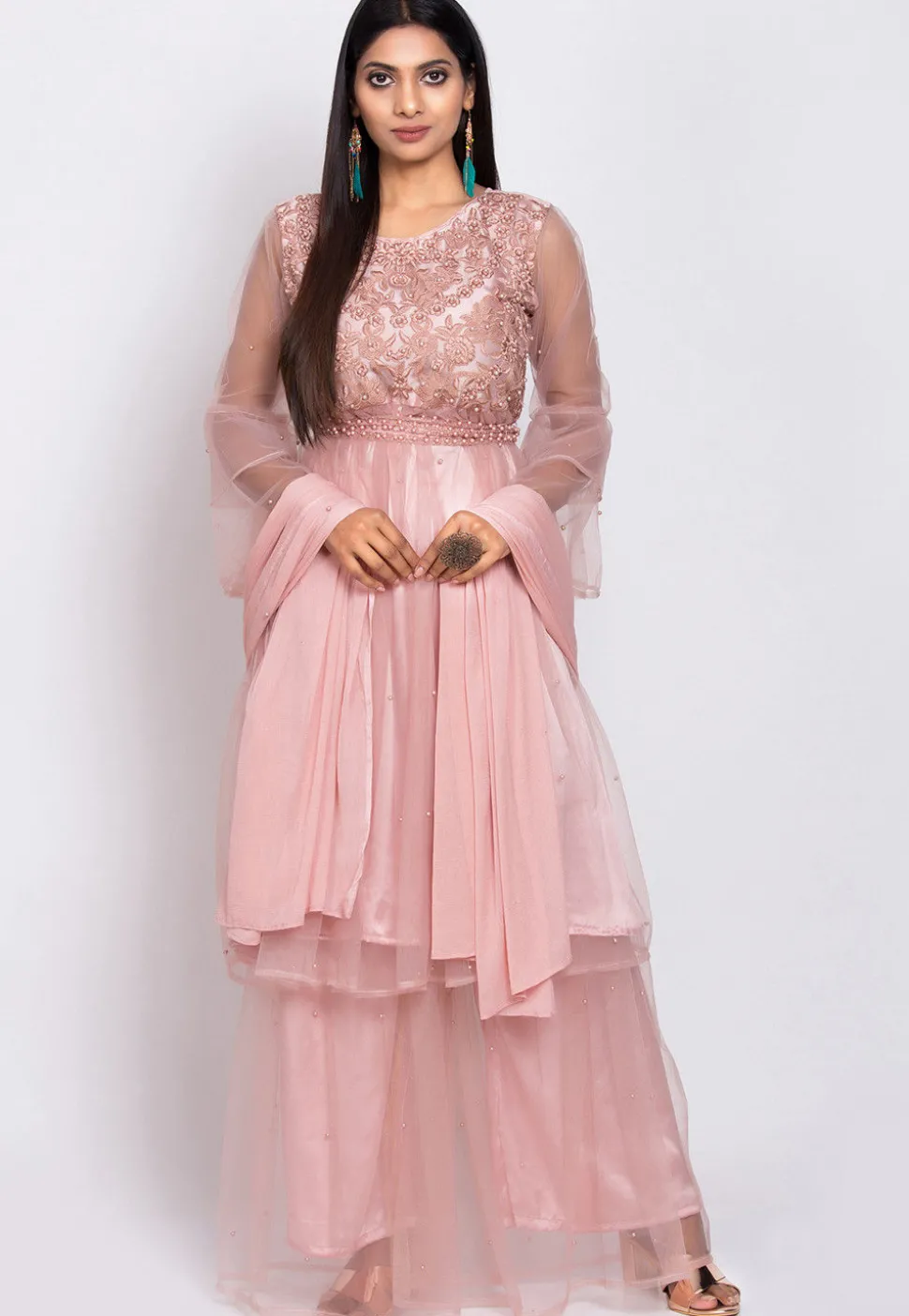 Embroidered Net Pakistani Suit in Pink