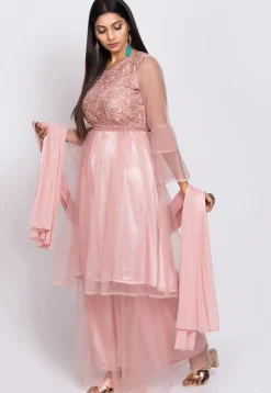Embroidered Net Pakistani Suit in Pink
