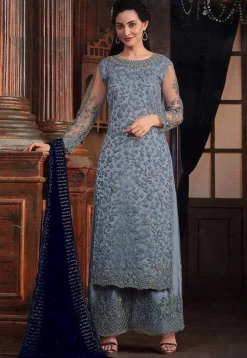 Embroidered Net Pakistani Suit in Dusty Blue