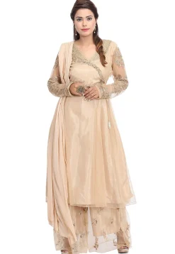 Embroidered Net Pakistani Suit in Beige