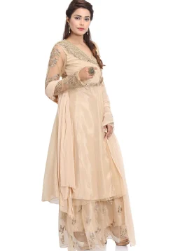 Embroidered Net Pakistani Suit in Beige