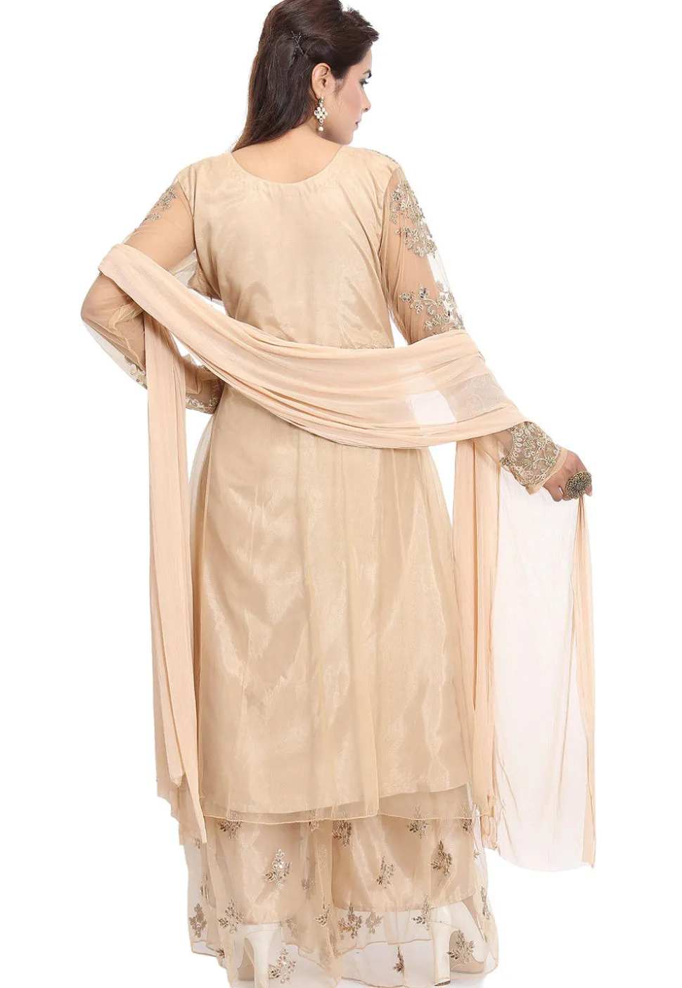Embroidered Net Pakistani Suit in Beige