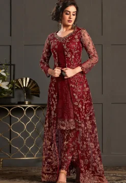 Embroidered Net Pakistani Suit in Maroon