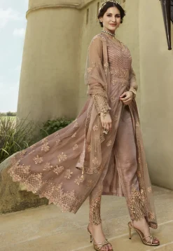 Embroidered Net Pakistani Suit in Old Rose