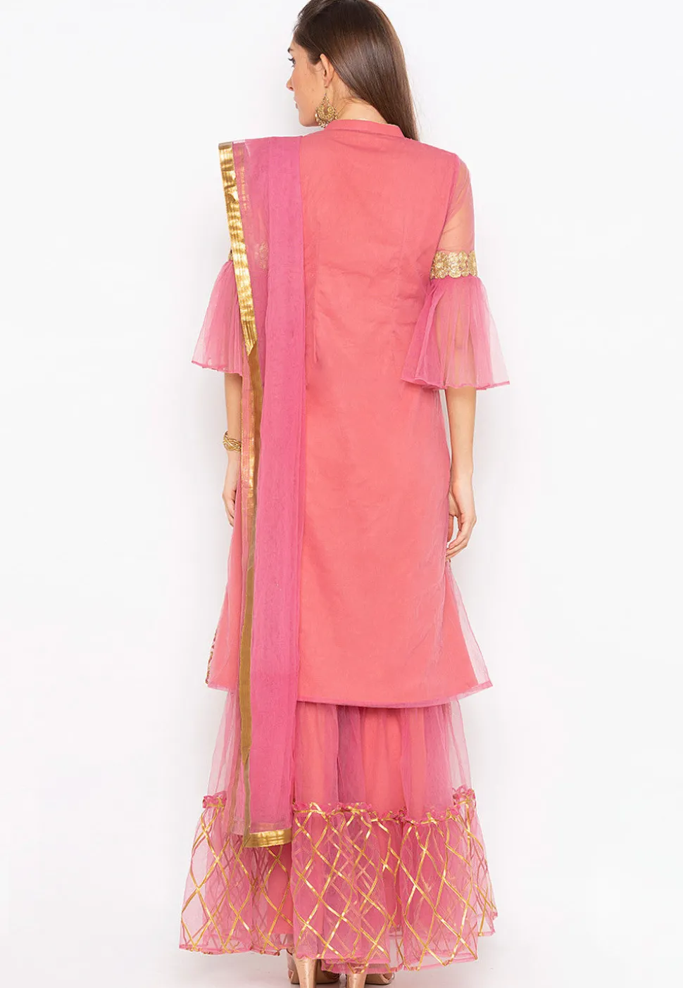 Embroidered Net Pakistani Suit in Pink