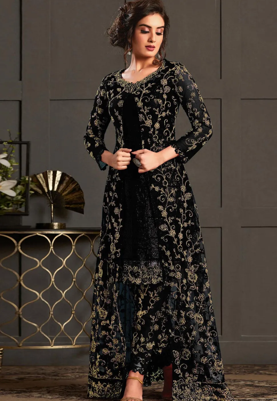 Embroidered Net Pakistani Suit in Black