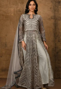 Embroidered Net Pakistani Suit in Light Grey