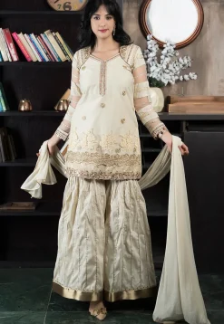 Embroidered Net Pakistani Suit in Beige