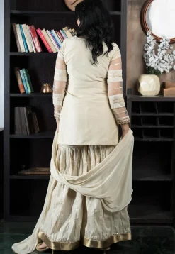 Embroidered Net Pakistani Suit in Beige