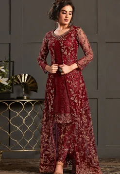 Embroidered Net Pakistani Suit in Maroon