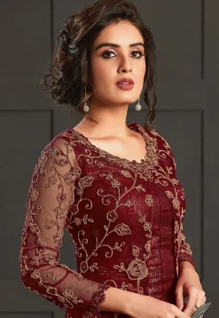 Embroidered Net Pakistani Suit in Maroon