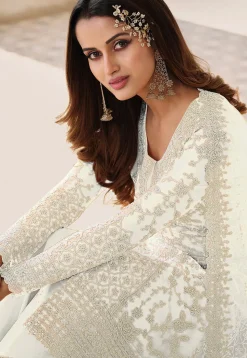 Embroidered Net Pakistani Suit in Off White
