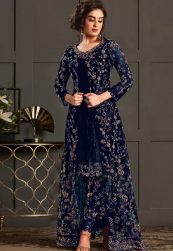 Embroidered Net Pakistani Suit in Navy Blue
