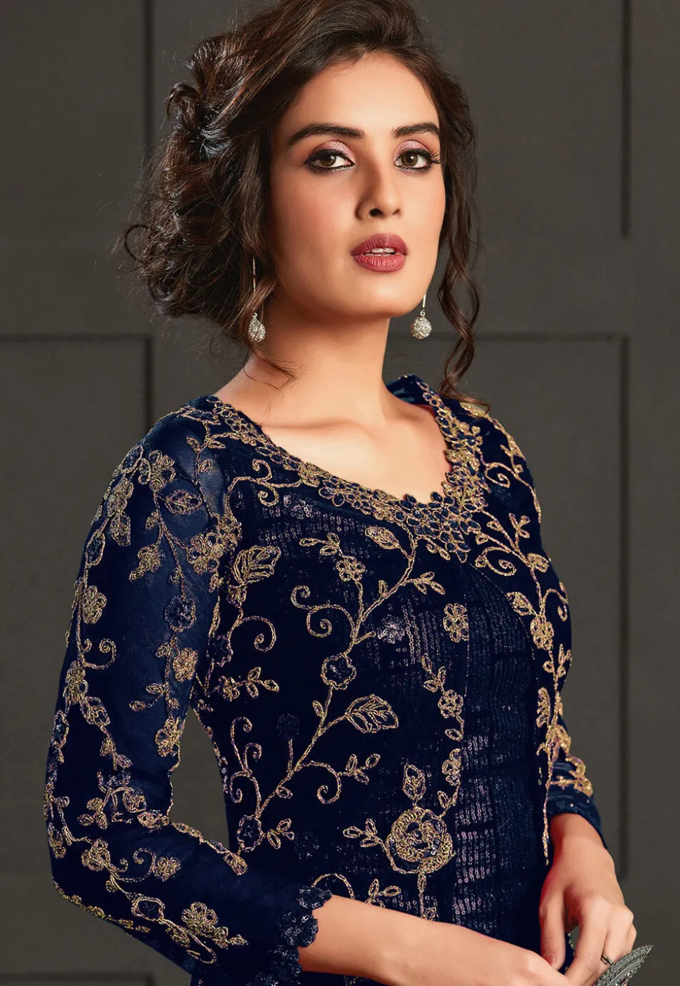 Embroidered Net Pakistani Suit in Navy Blue