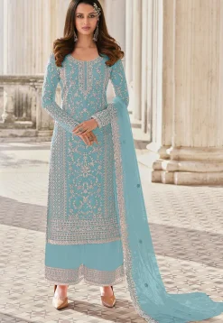 Embroidered Net Pakistani Suit in Sky Blue