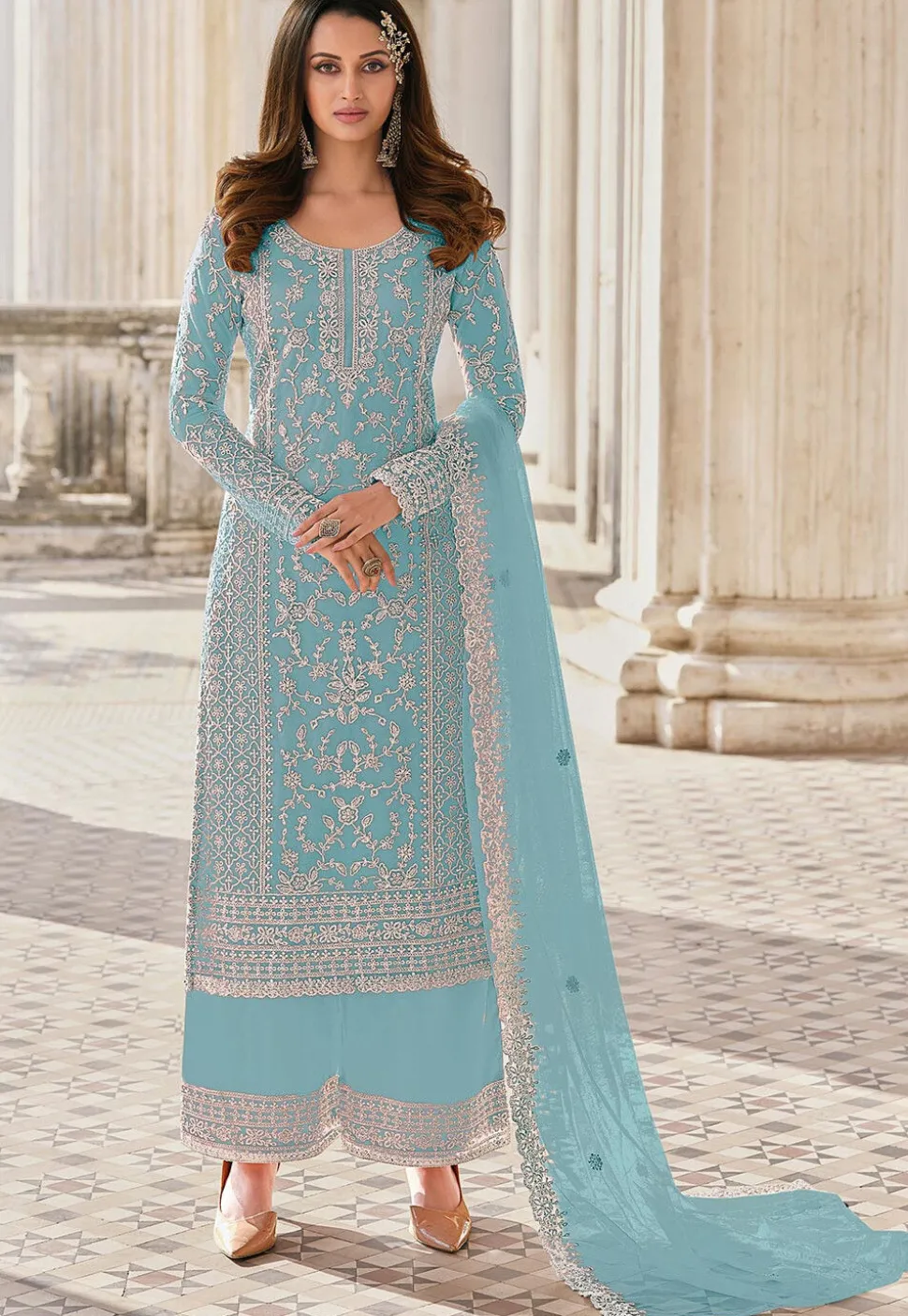 Embroidered Net Pakistani Suit in Sky Blue