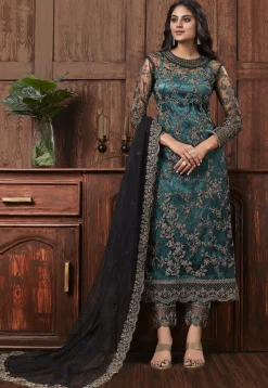 Embroidered Net Pakistani Suit in Teal Blue