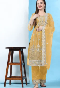 Embroidered Net Pakistani Suit in Mustard
