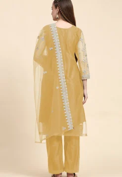 Embroidered Net Pakistani Suit in Mustard