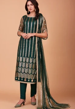Embroidered Net Pakistani Suit in Dark Green