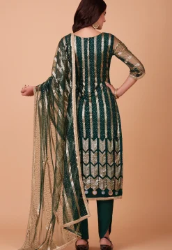 Embroidered Net Pakistani Suit in Dark Green