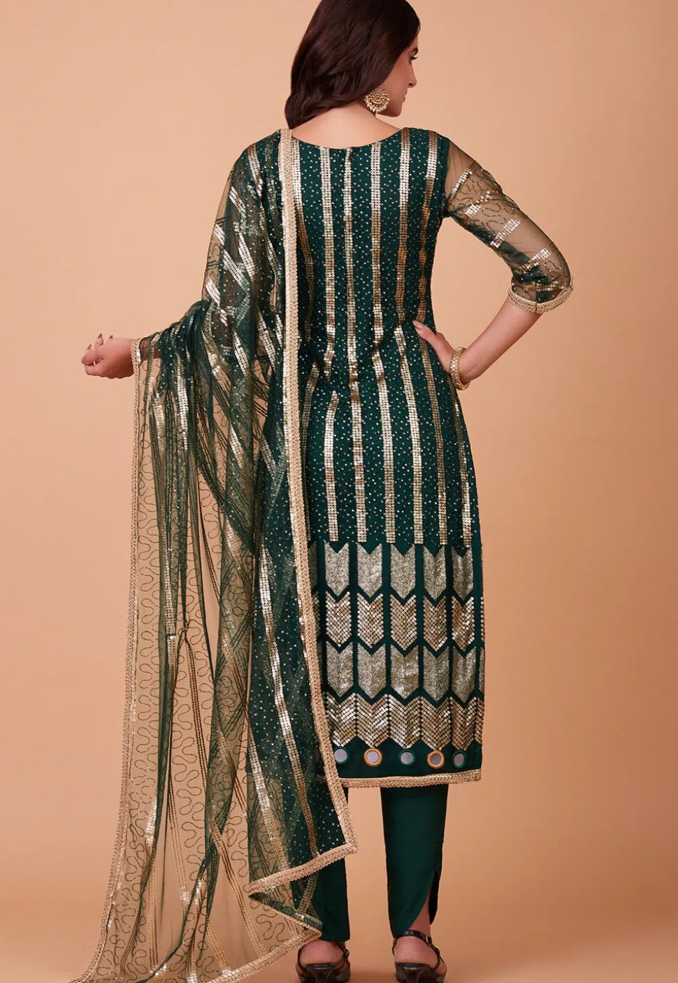 Embroidered Net Pakistani Suit in Dark Green