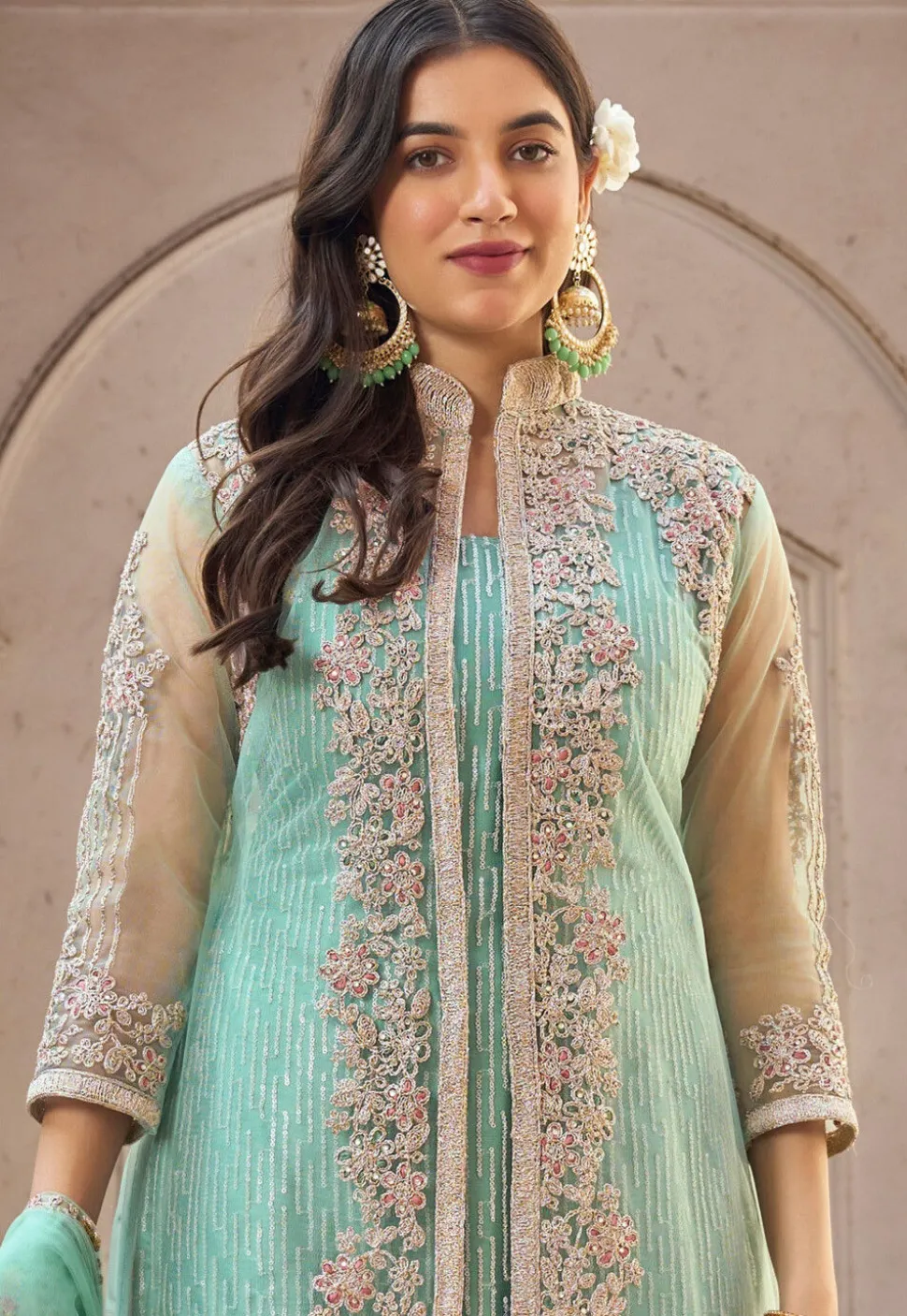 Embroidered Net Pakistani Suit in Sea Green