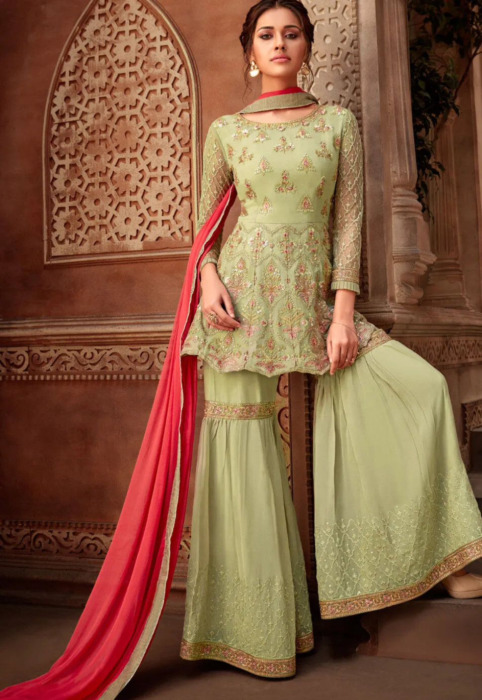 Embroidered Net Pakistani Suit in Pastel Green
