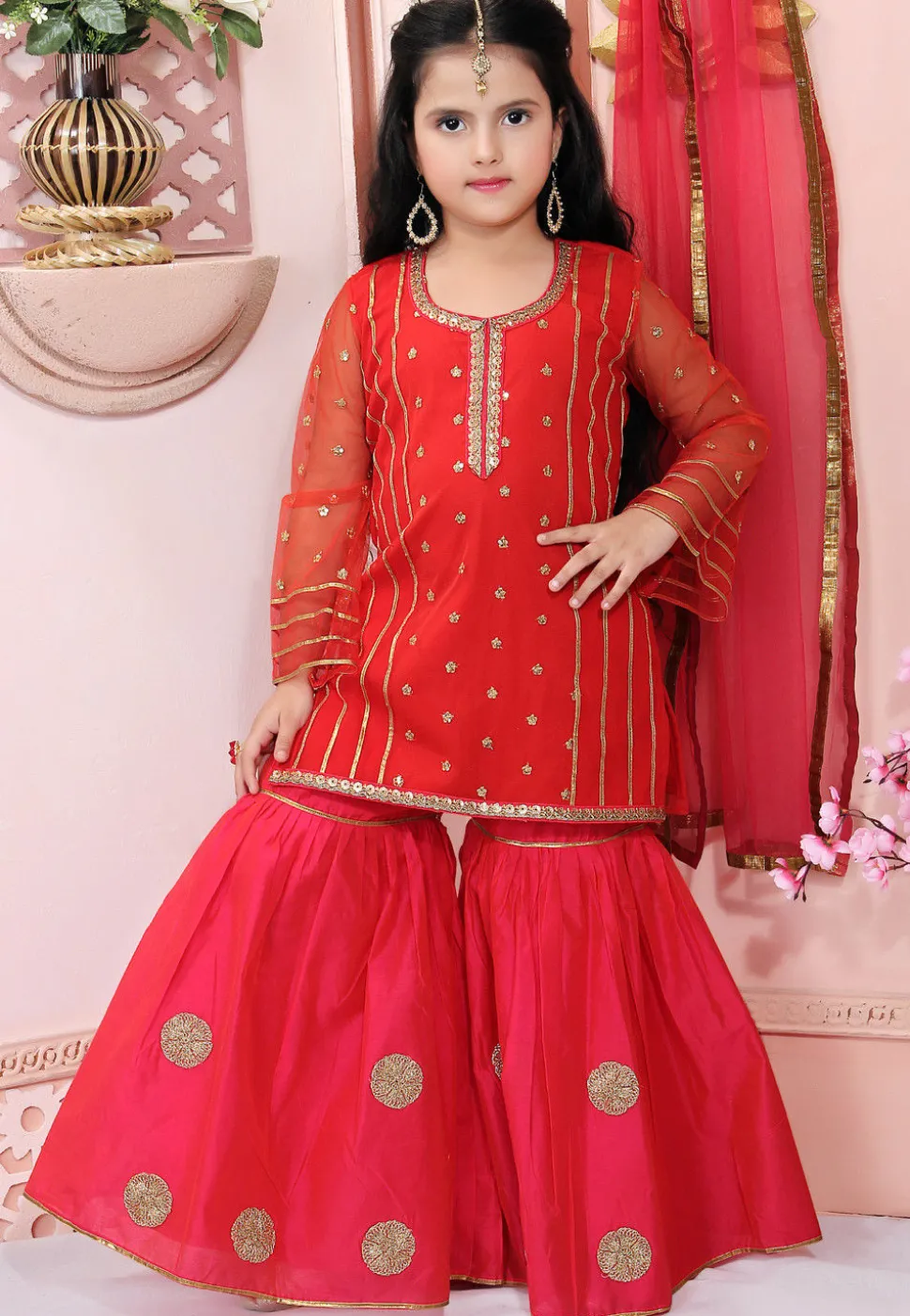 Embroidered Net Pakistani Suit in Red