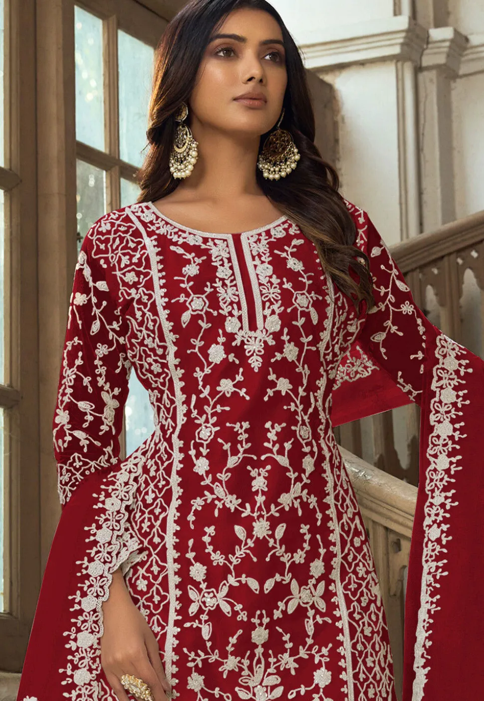 Embroidered Net Pakistani Suit in Red