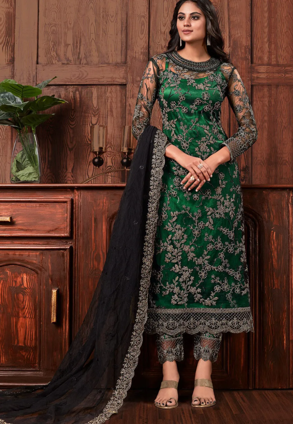 Embroidered Net Pakistani Suit in Dark Green
