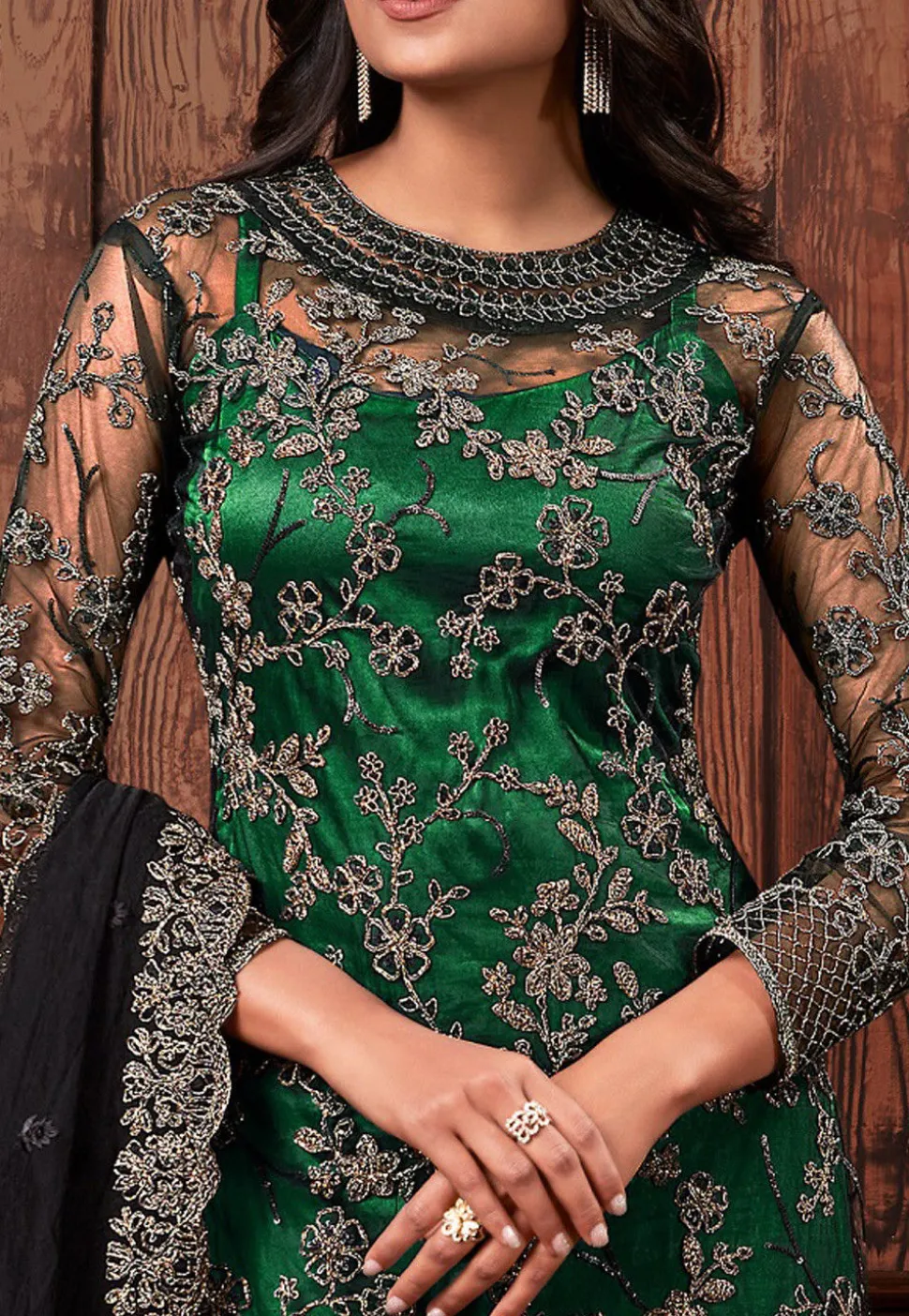 Embroidered Net Pakistani Suit in Dark Green