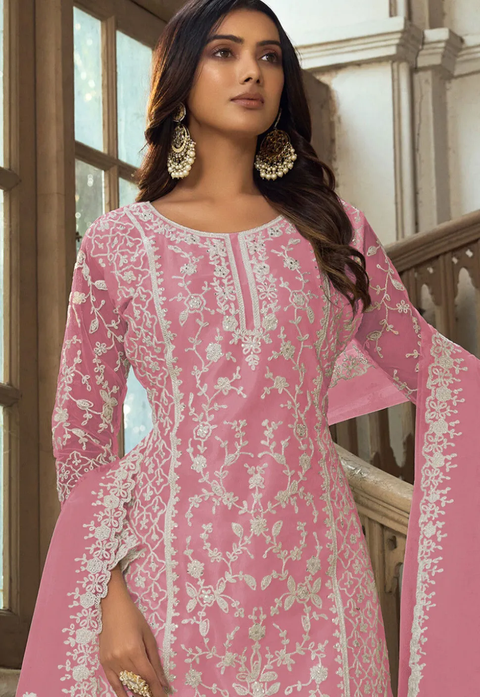 Embroidered Net Pakistani Suit in Pink